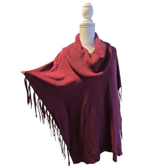 MICHAEL Michael Kors Fringe Cowl Neck oversized Poncho Large burgundy casual - Picture 2 of 10